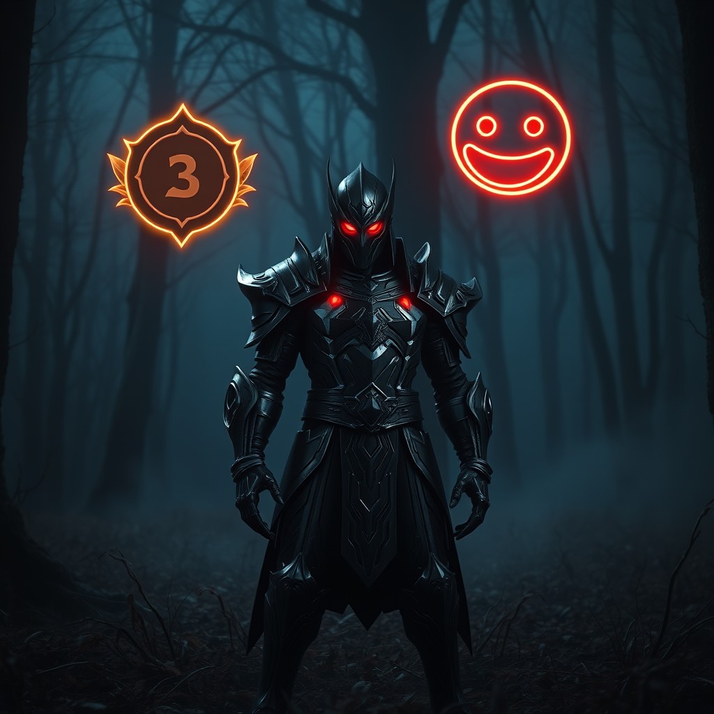 Zed from League of Legends standing in a dark, misty forest at night
