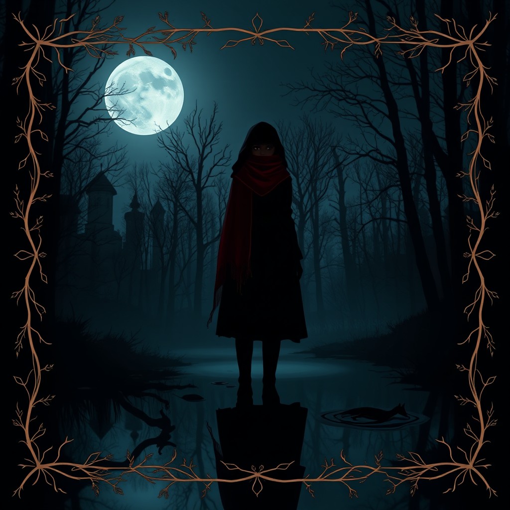 A dark Slavic fantasy book cover design, featuring a mysterious, shadowy forest in the center under a full moon