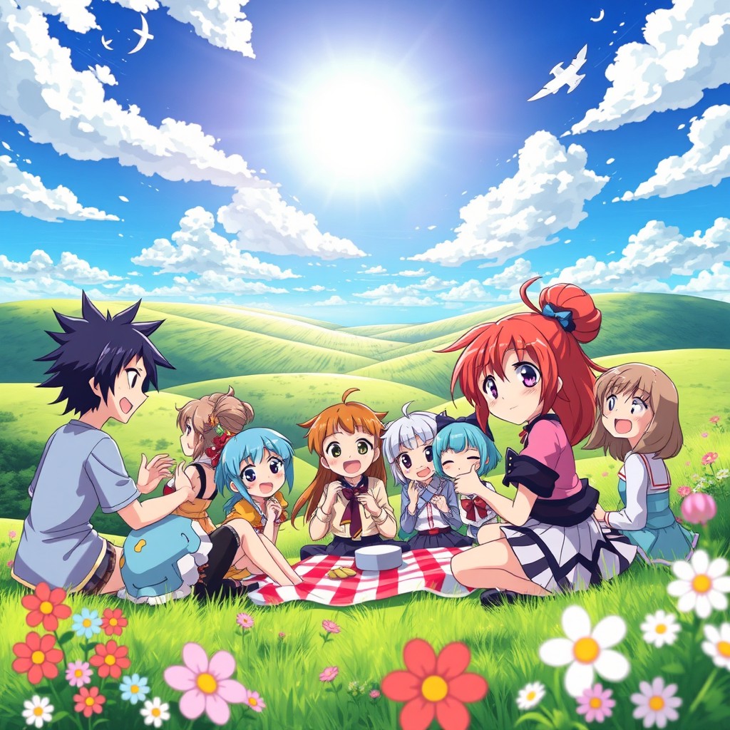A vibrant and colorful anime scene featuring a fantasy landscape with rolling hills under a bright blue sky, playful clouds, and a radiant sun