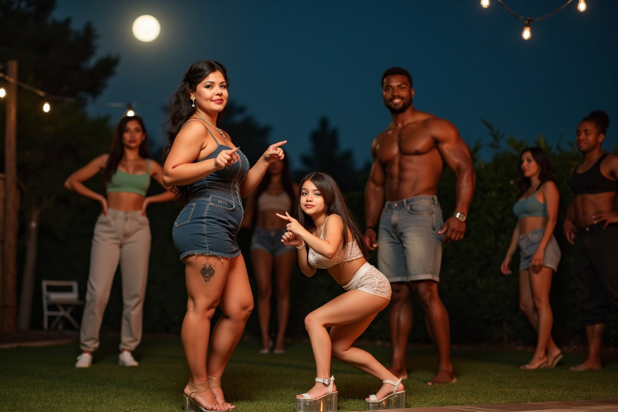 A young mature Latina woman with fair skin, wide hips, prominent buttocks, thick legs, and well-defined calves, adorned with a tattoo of the ace of spades on her lower thigh