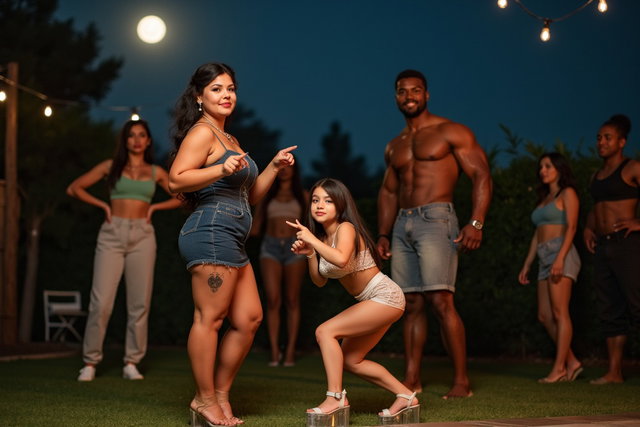 A young mature Latina woman with fair skin, wide hips, prominent buttocks, thick legs, and well-defined calves, adorned with a tattoo of the ace of spades on her lower thigh
