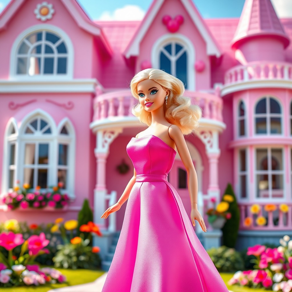 A beautiful scene featuring a classic Barbie doll wearing an elegant, vibrant pink dress, standing in front of her iconic Disney-themed Dreamhouse
