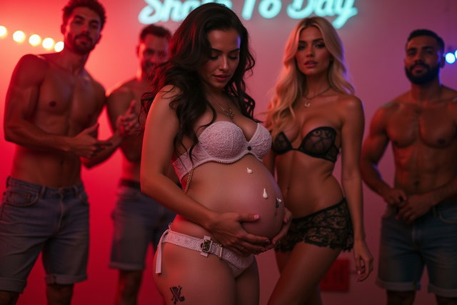 A young mature Latina woman with fair skin, wide hips, prominent buttocks, thick legs, well-defined calves, and a voluptuous figure, showing her pregnant belly adorned with drops of white yogurt
