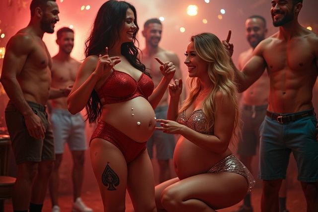 A young mature Latina woman with fair skin, wide hips, prominent buttocks, thick legs, well-defined calves, and a noticeable pregnant belly adorned with drops of white yogurt