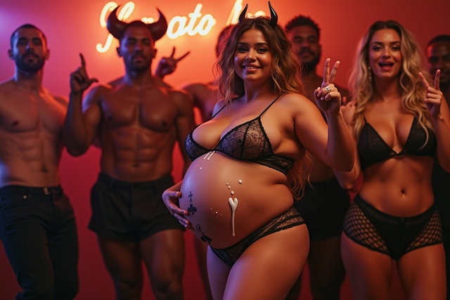 A young mature Latina woman with fair skin, wide hips, prominent buttocks, thick legs, well-defined calves, and a voluptuous figure, visibly pregnant with drops of white yogurt on her belly