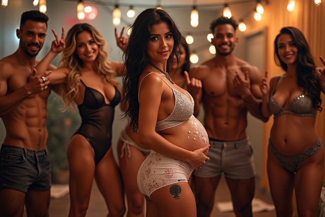 A young mature Latina woman with fair skin, wide hips, prominent buttocks, thick legs, well-defined calves, and a visibly pregnant belly adorned with splashes of white yogurt