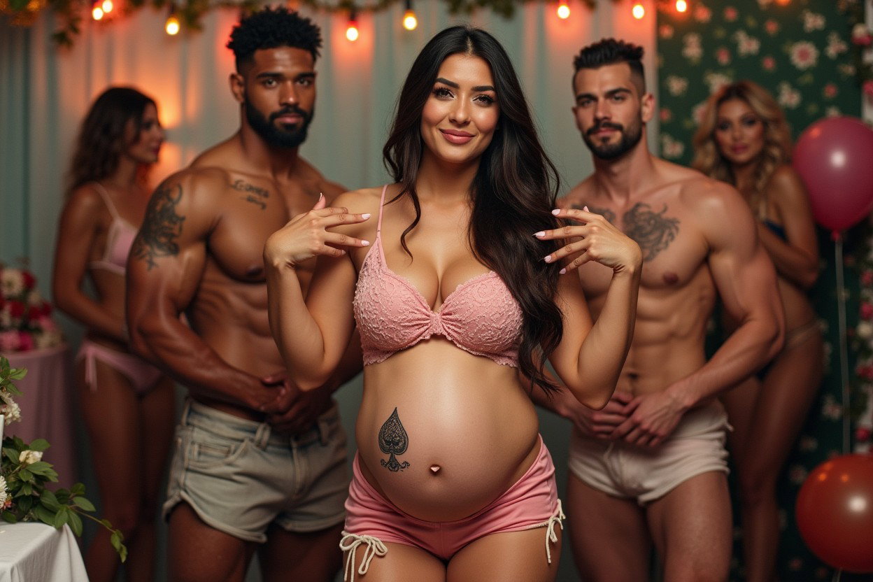 A young mature Latina woman with fair skin, wide hips, prominent buttocks, thick legs, well-defined calves, a voluptuous figure, and a visible pregnancy