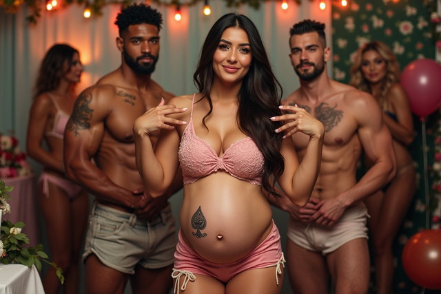 A young mature Latina woman with fair skin, wide hips, prominent buttocks, thick legs, well-defined calves, a voluptuous figure, and a visible pregnancy