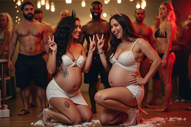 A young mature Latina woman with fair skin, wide hips, prominent buttocks, thick legs, well-defined calves, and a fuller figure, who is pregnant and playfully adorned with drops of white yogurt on her belly
