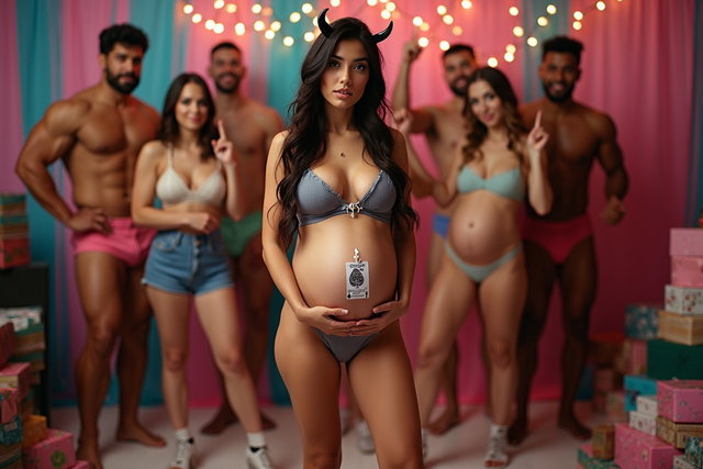 A young mature Latina woman with fair skin, wide hips, prominent buttocks, thick legs, well-defined calves, and a voluptuous figure due to her pregnancy, adorned with white yogurt droplets on her belly