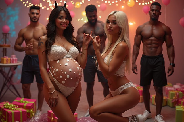 A young mature Latina woman with fair skin, wide hips, prominent buttocks, thick legs, well-defined calves, and a full figure due to pregnancy, decorated with droplets of white yogurt on her belly
