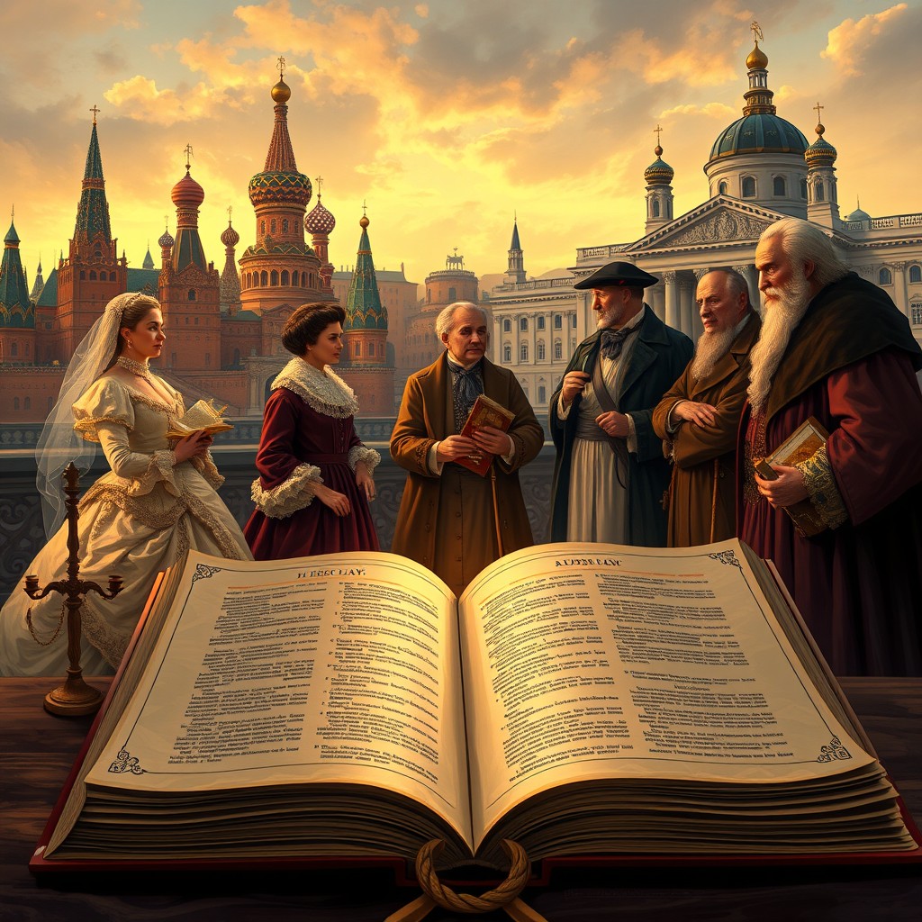 A rich and detailed illustration representing the history of Russian jurisprudence, featuring iconic landmarks such as the Kremlin and the Supreme Court of Russia in the background