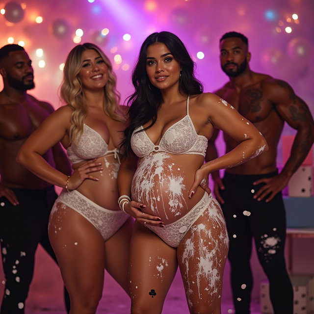 A young mature Latina woman with fair skin, wide hips, prominent buttocks, thick legs, well-defined calves, and a visibly pregnant belly adorned with splashes of white yogurt