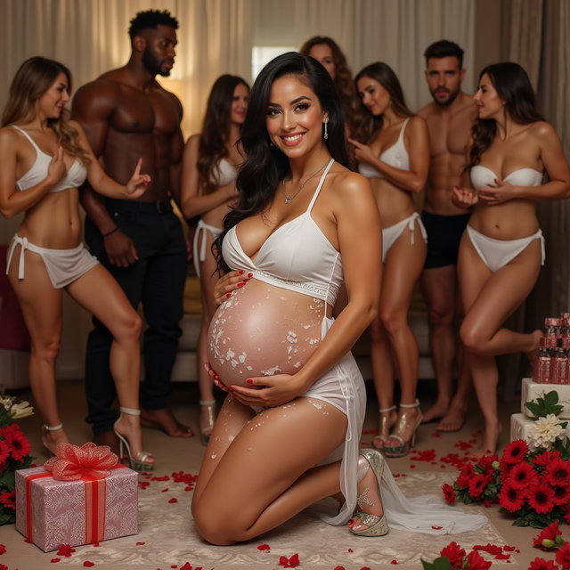 A young mature Latina woman with fair skin, wide hips, prominent buttocks, thick legs, well-defined calves, and a full figure, who is visibly pregnant and covered in drops of white yogurt on her belly