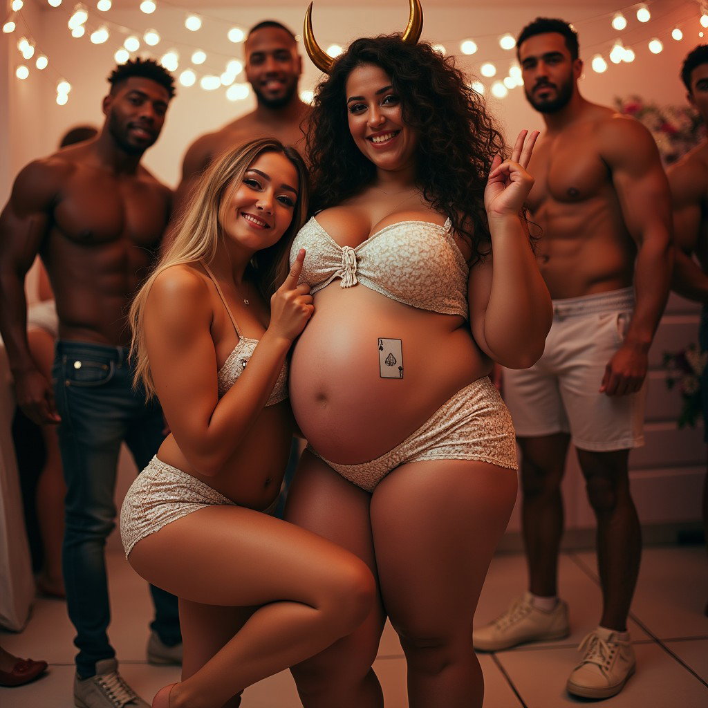 A young mature Latina woman with fair skin, wide hips, prominent buttocks, thick legs, well-defined calves, and a fuller figure due to her pregnancy