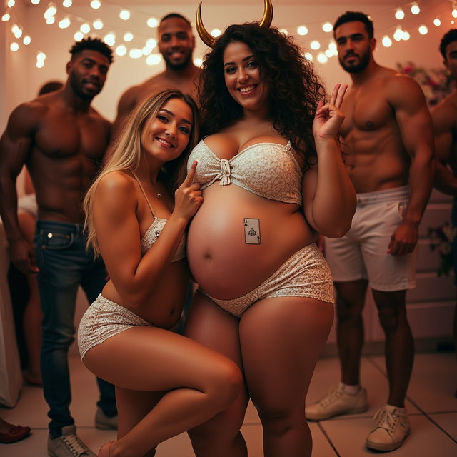A young mature Latina woman with fair skin, wide hips, prominent buttocks, thick legs, well-defined calves, and a fuller figure due to her pregnancy