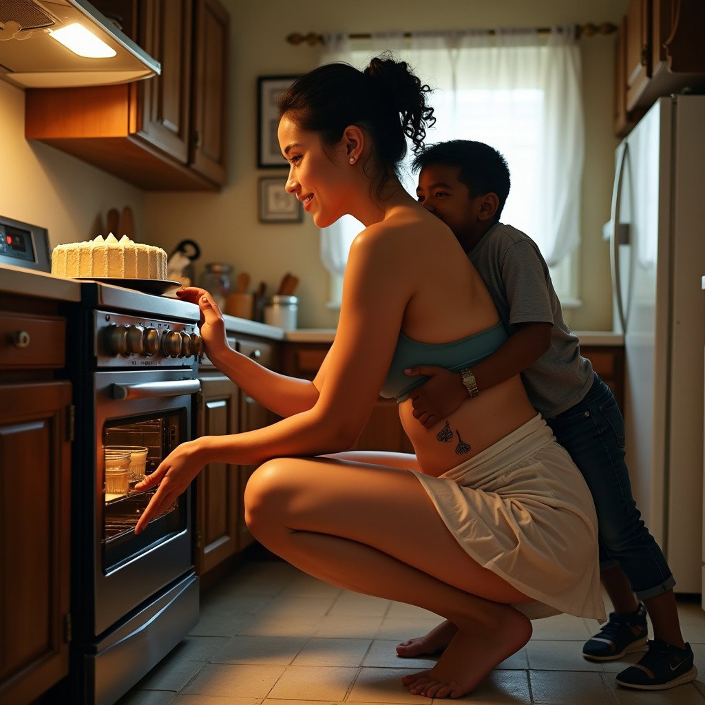 A young mature Latina woman with fair skin, wide hips, prominent buttocks, thick legs, and well-defined calves, crouching in a kitchen in front of an oven, reaching for a cake
