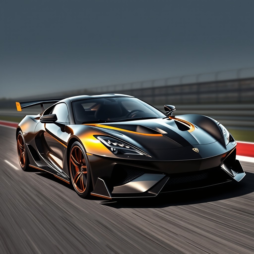 A sleek and aggressive car design featuring a Draken brand sports car with an elegant silhouette in a striking black and gold color scheme