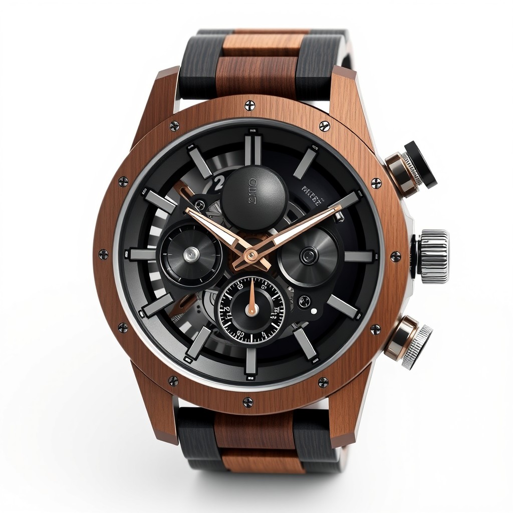 An avant-garde men's watch design inspired by cricket, featuring asymmetrical elements that mimic the unpredictable bounces and angles of the game