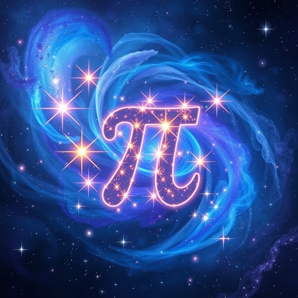 A beautiful mathematical representation of the number pi (π) surrounded by a galaxy of stars and cosmic elements