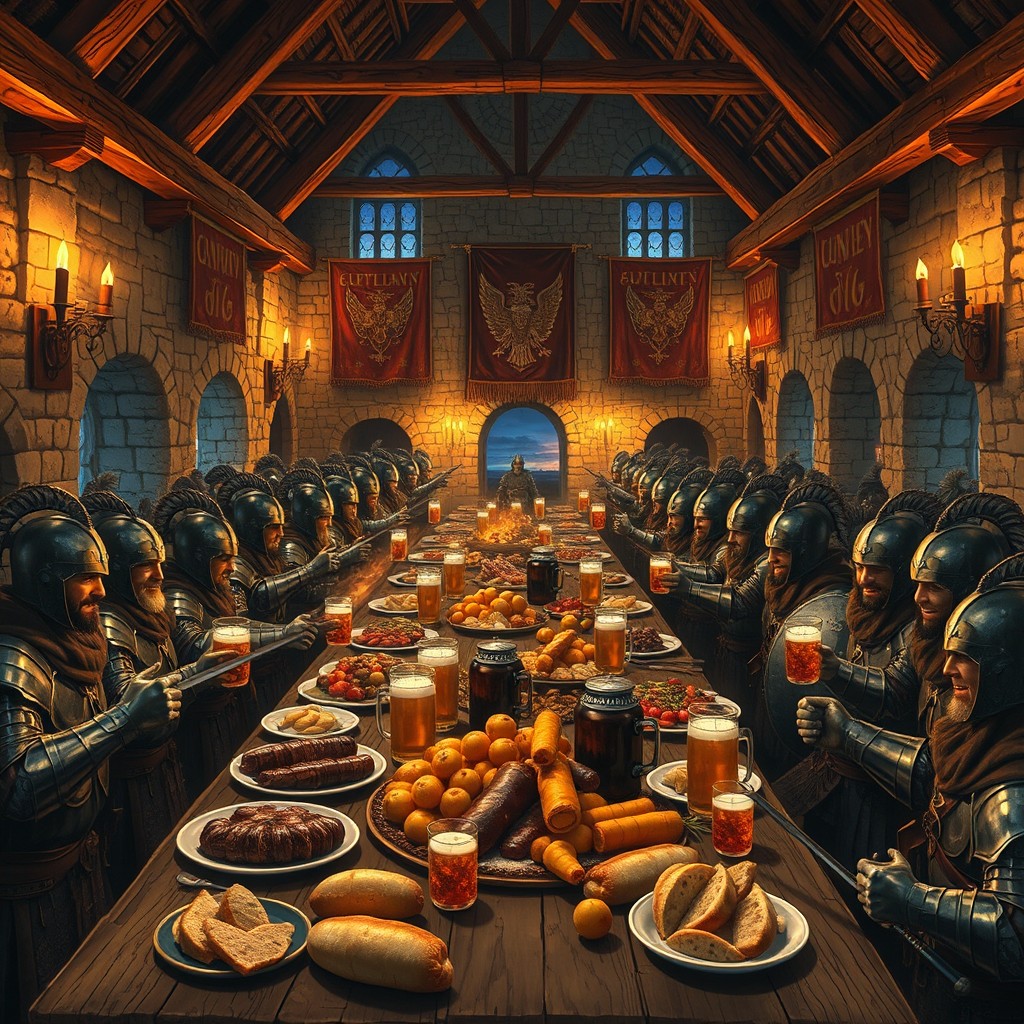 A grand fantasy meal hall filled with soldiers, showcasing a massive wooden long table laden with a variety of sumptuous food, including roasted meats, fresh bread, fruits, and overflowing jugs of ale