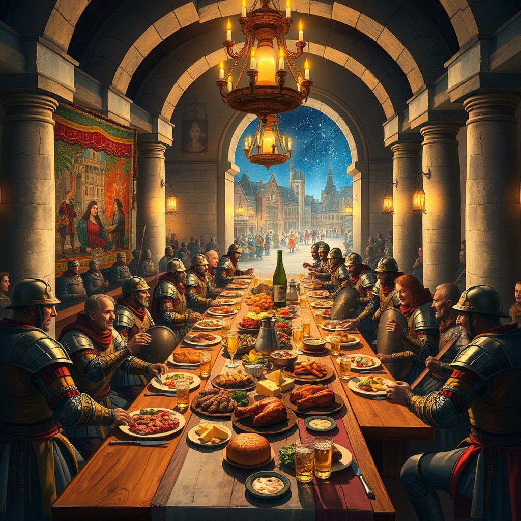 A vibrant fantasy dining hall bustling with town guard members, featuring long, beautifully crafted wooden tables filled with a feast of assorted foods like roasted meats, cheeses, fresh vegetables, and goblets of sparkling beverages