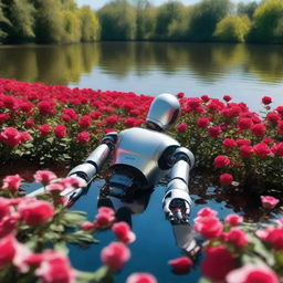 An artificial intelligence robot observing a man serenely lying on a bed of vibrant roses, floating down a picturesque river under a clear, sunny sky.