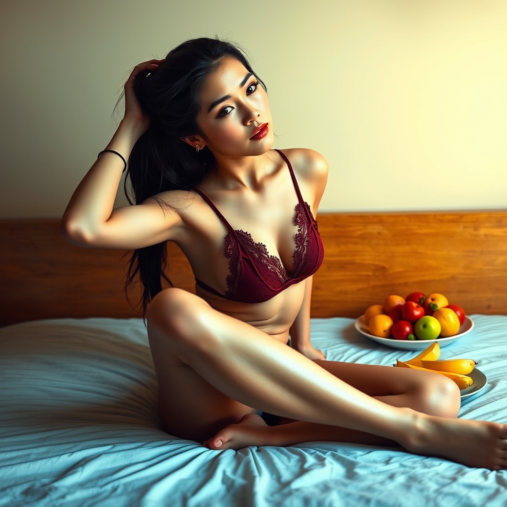 A photorealistic image of a beautiful Javanese woman with very fair skin, sitting on a bed with her legs crossed