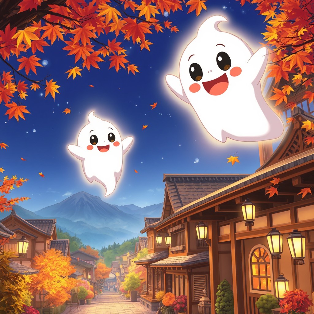 A vibrant anime scene featuring a friendly and playful ghost, with a soft glow surrounding it, floating above an enchanting traditional Japanese village during autumn