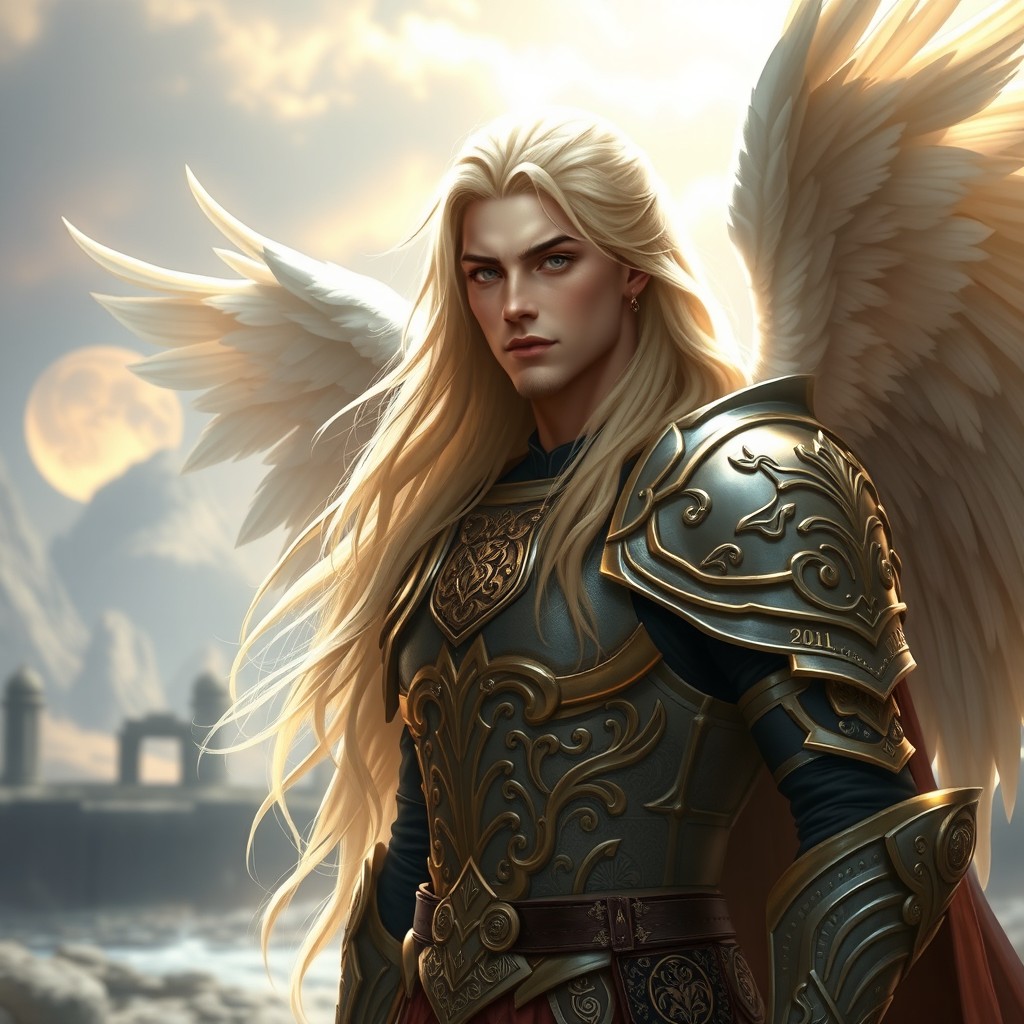 A majestic male Aasimar with long, flowing blonde hair, embodying a celestial being from a Dungeons & Dragons setting