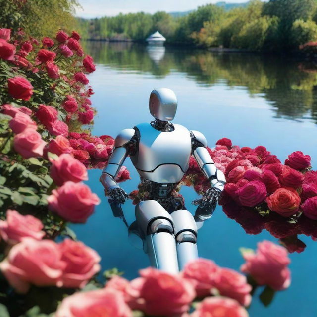 An artificial intelligence robot observing a man serenely lying on a bed of vibrant roses, floating down a picturesque river under a clear, sunny sky.