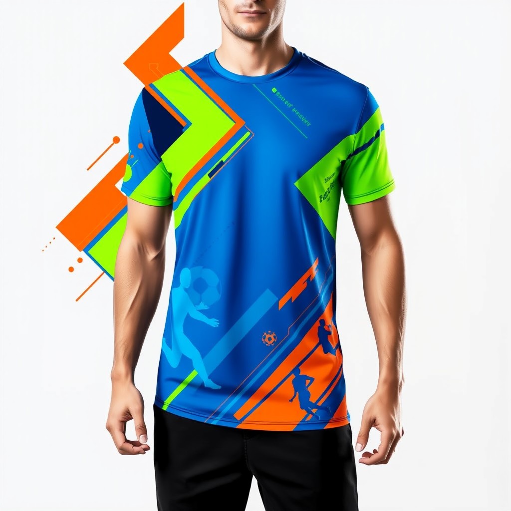 A vibrant and stylish sports t-shirt design featuring dynamic geometric patterns in bold colors such as electric blue, neon green, and bright orange