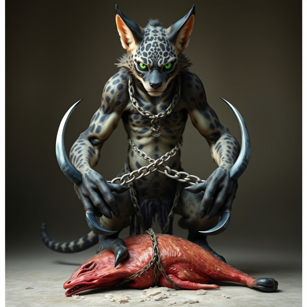 A striking humanoid Tabaxi standing at 6 feet 8 inches tall, with emerald green eyes and a unique black-grey spotted fur pattern