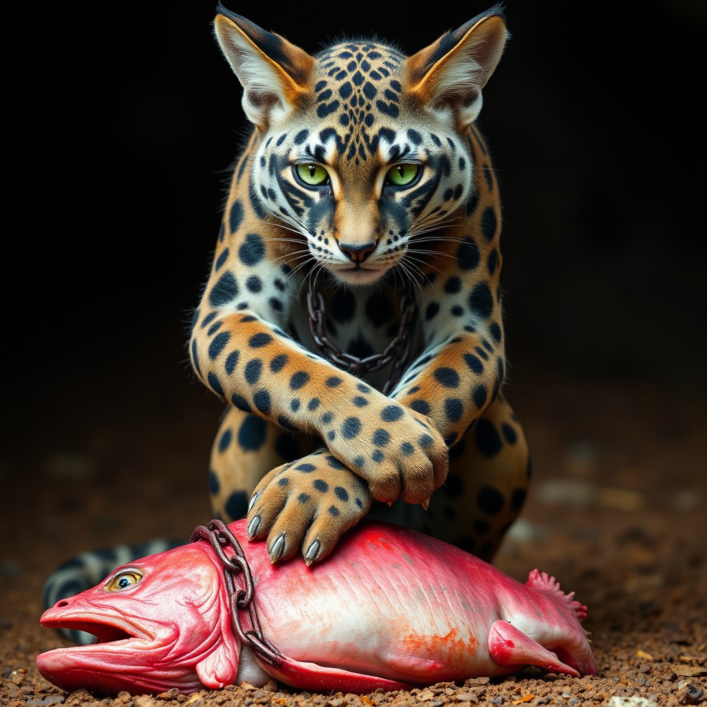 A captivating humanoid Tabaxi standing at 6 feet 8 inches tall, featuring striking emerald green eyes and a distinctive black-grey spotted fur pattern