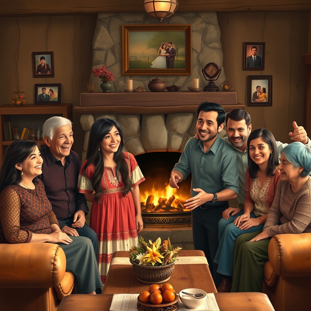 A warm family scene depicting a rustic living room with wooden furniture, a cozy fireplace, and family photos on the walls