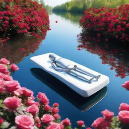 An artificial intelligence robot observing a man serenely lying on a bed of vibrant roses, floating down a picturesque river under a clear, sunny sky.