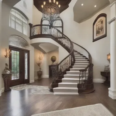The home's grand entrance featured an impressive staircase that showcased a gravida aesthetic.