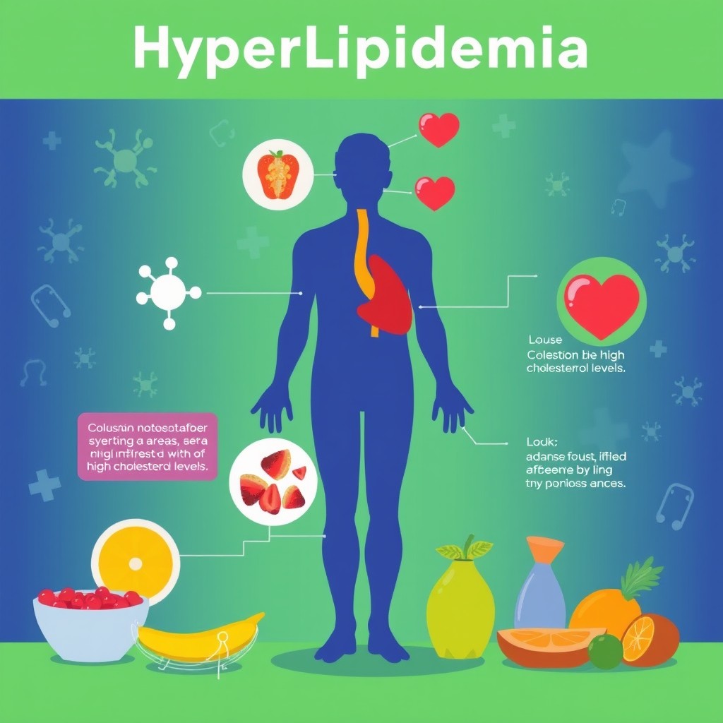An educational image focused on hyperlipidemia, depicting a vibrant infographic style illustration that includes various elements such as cholesterol molecules, a human silhouette illustrating areas affected by high cholesterol levels, and healthy food choices like fruits and vegetables