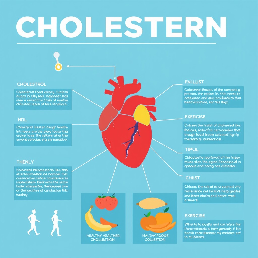 A detailed and educational infographic about cholesterol, featuring a clear representation of different types of cholesterol such as LDL and HDL
