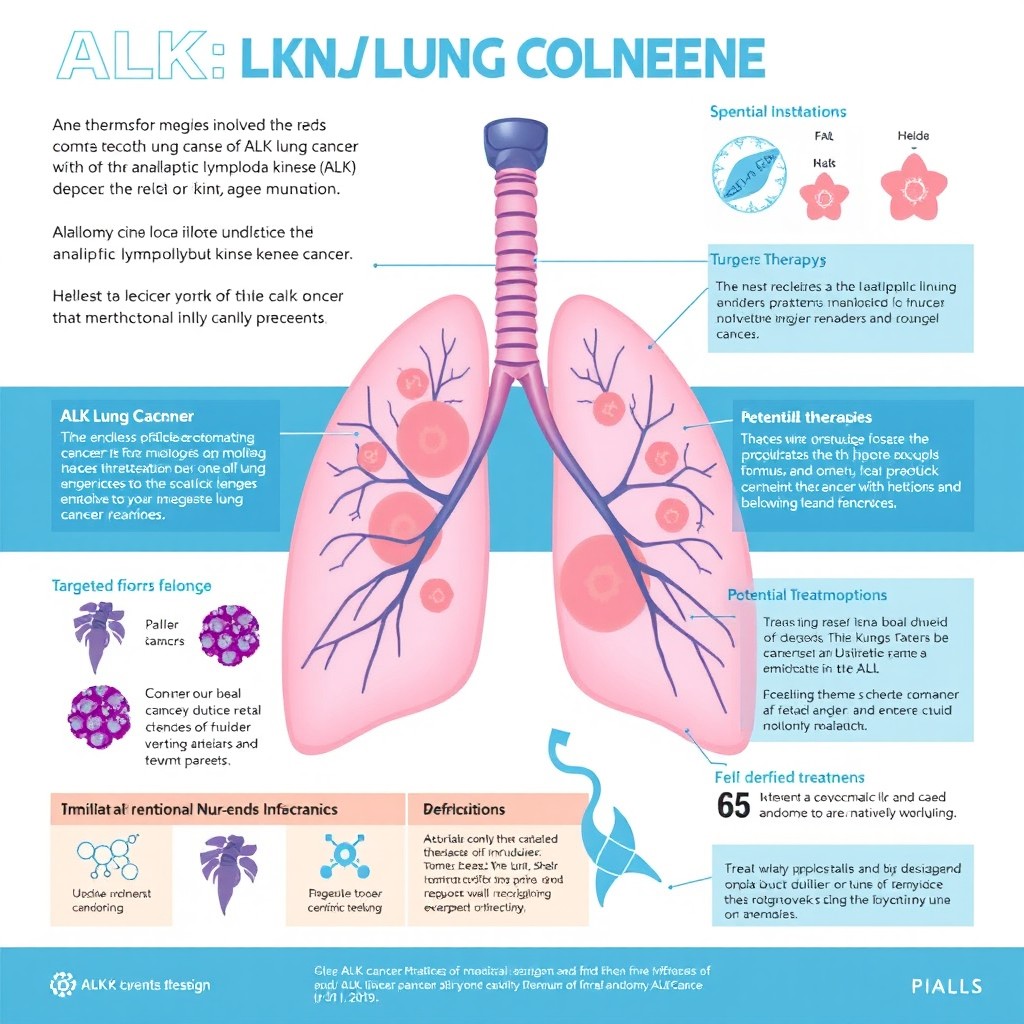 An educational and informative illustration about ALK lung cancer, depicting the molecular structure involved in the anaplastic lymphoma kinase (ALK) gene mutation