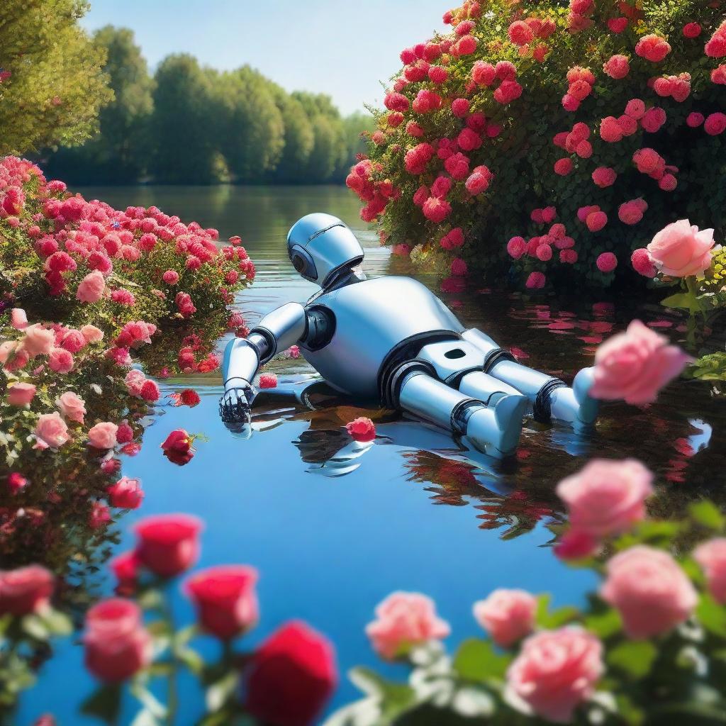 An artificial intelligence robot observing a man serenely lying on a bed of vibrant roses, floating down a picturesque river under a clear, sunny sky.