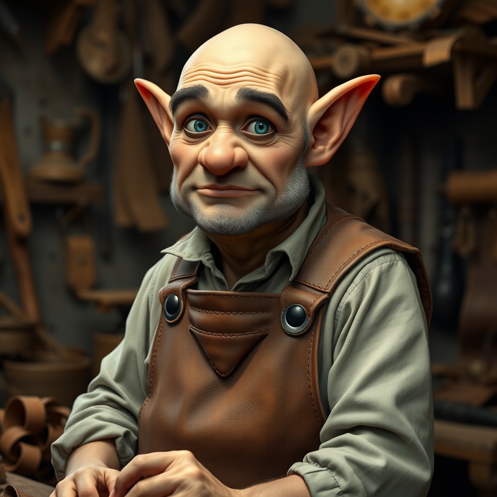 A bald, clean-shaven goblin with bright blue eyes, exuding a fatherly demeanor