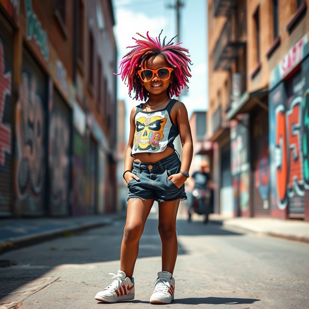A young black girl in trendy, stylish Daisy Dukes shorts, standing confidently in an urban neighborhood