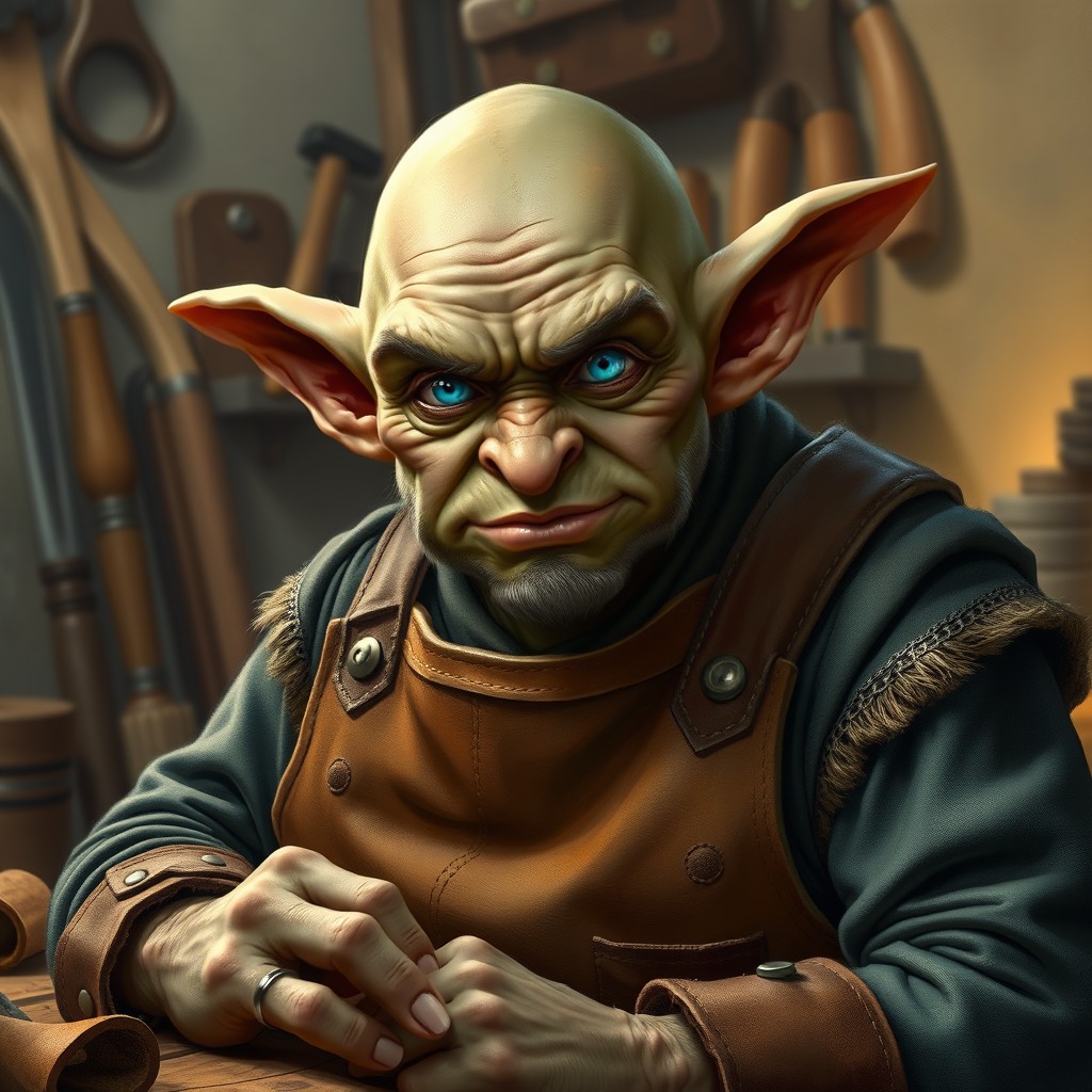A fantasy portrait of a bald, clean-shaven goblin with bright blue eyes