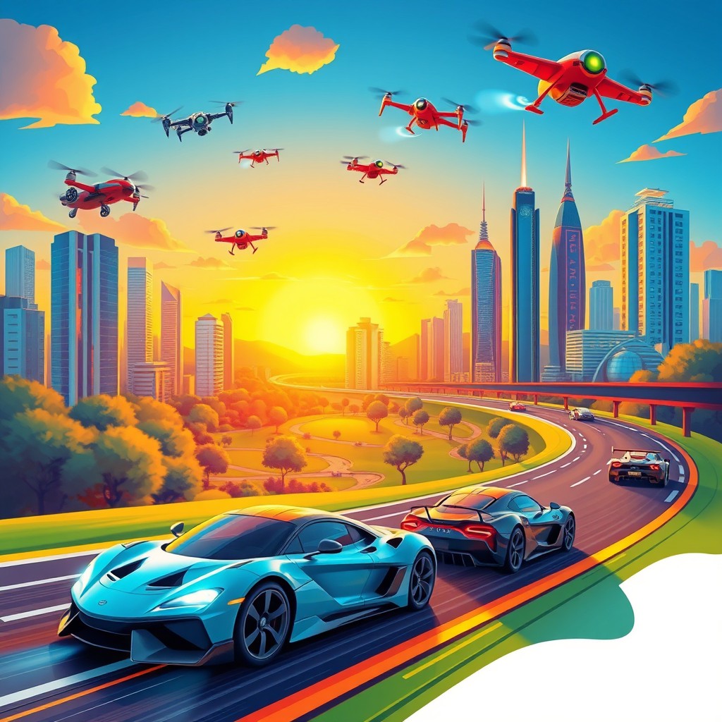 A vibrant and adventurous phone wallpaper design for boys, featuring a dynamic landscape of a futuristic city skyline at sunset