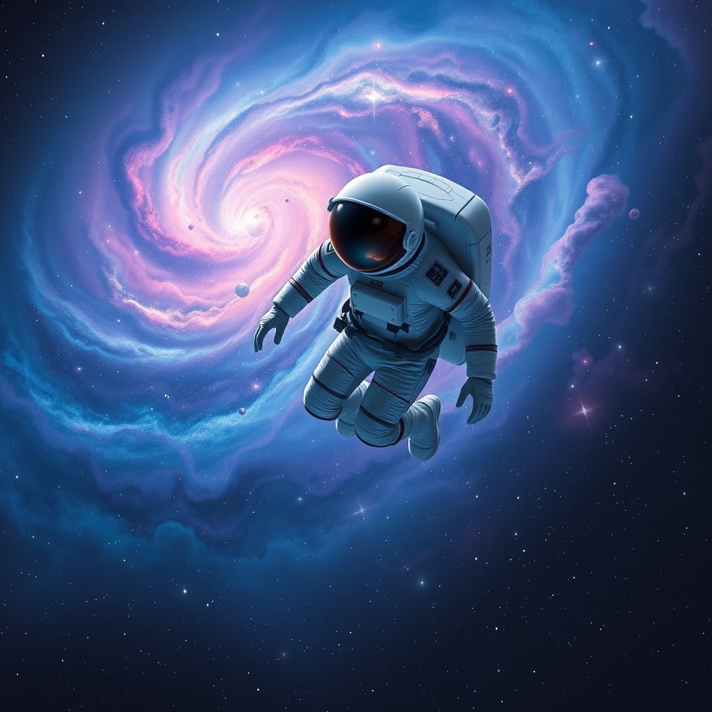 A solitary spaceman exploring the vastness of the universe, surrounded by a stunning array of colorful galaxies and stars