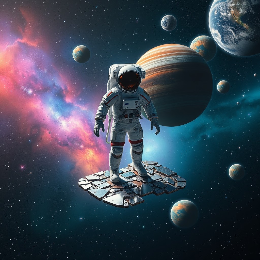 A spaceman floating serenely in the vastness of the universe, surrounded by twinkling stars and colorful nebulae