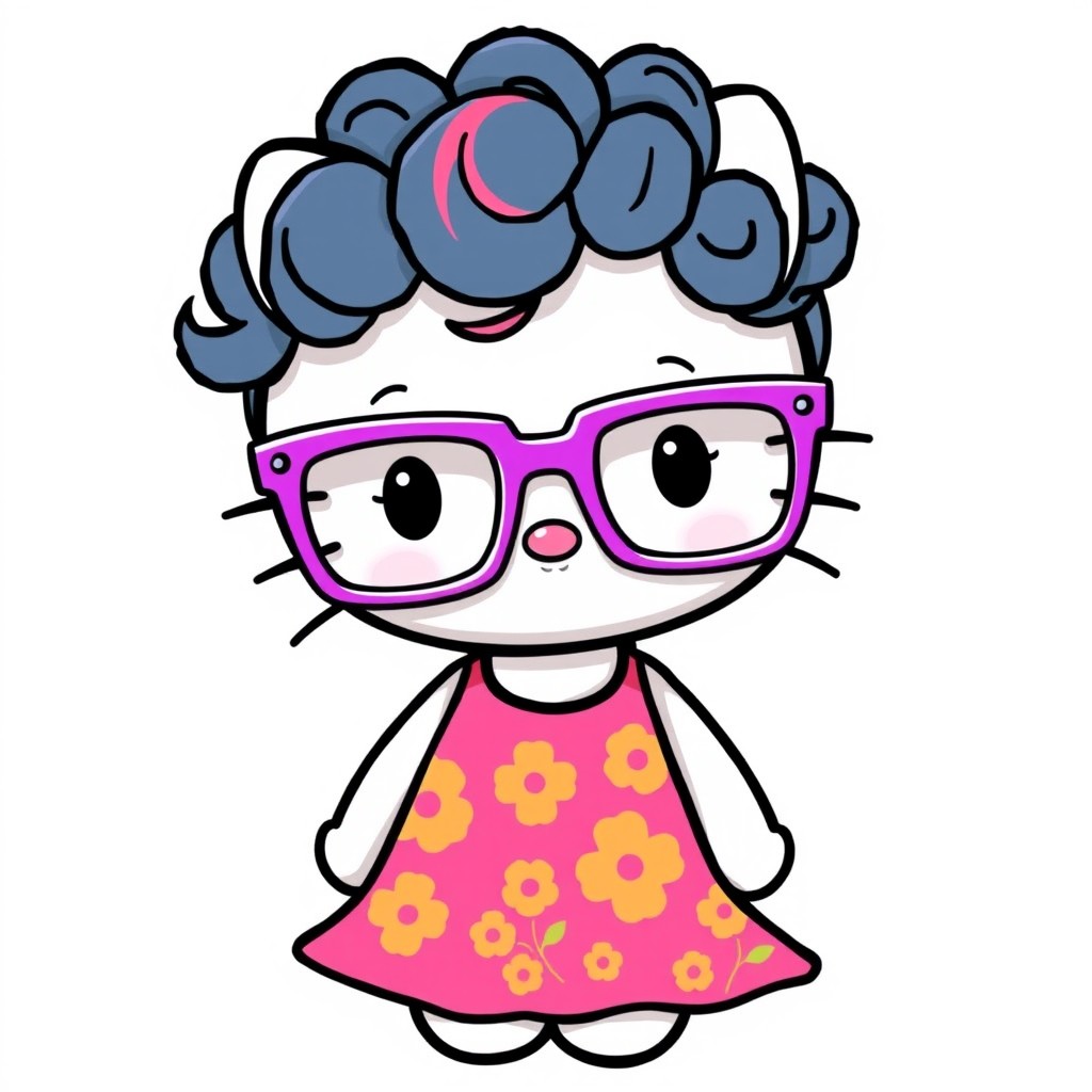 A cute, stylized Hello Kitty character with curly hair decorated with a pink streak, wearing fashionable purple square glasses