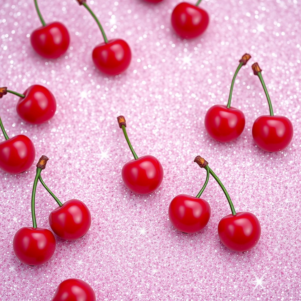 A vibrant pink or fuchsia background filled with sparkling glitter, incorporating three-dimensional cherries seamlessly integrated into the design