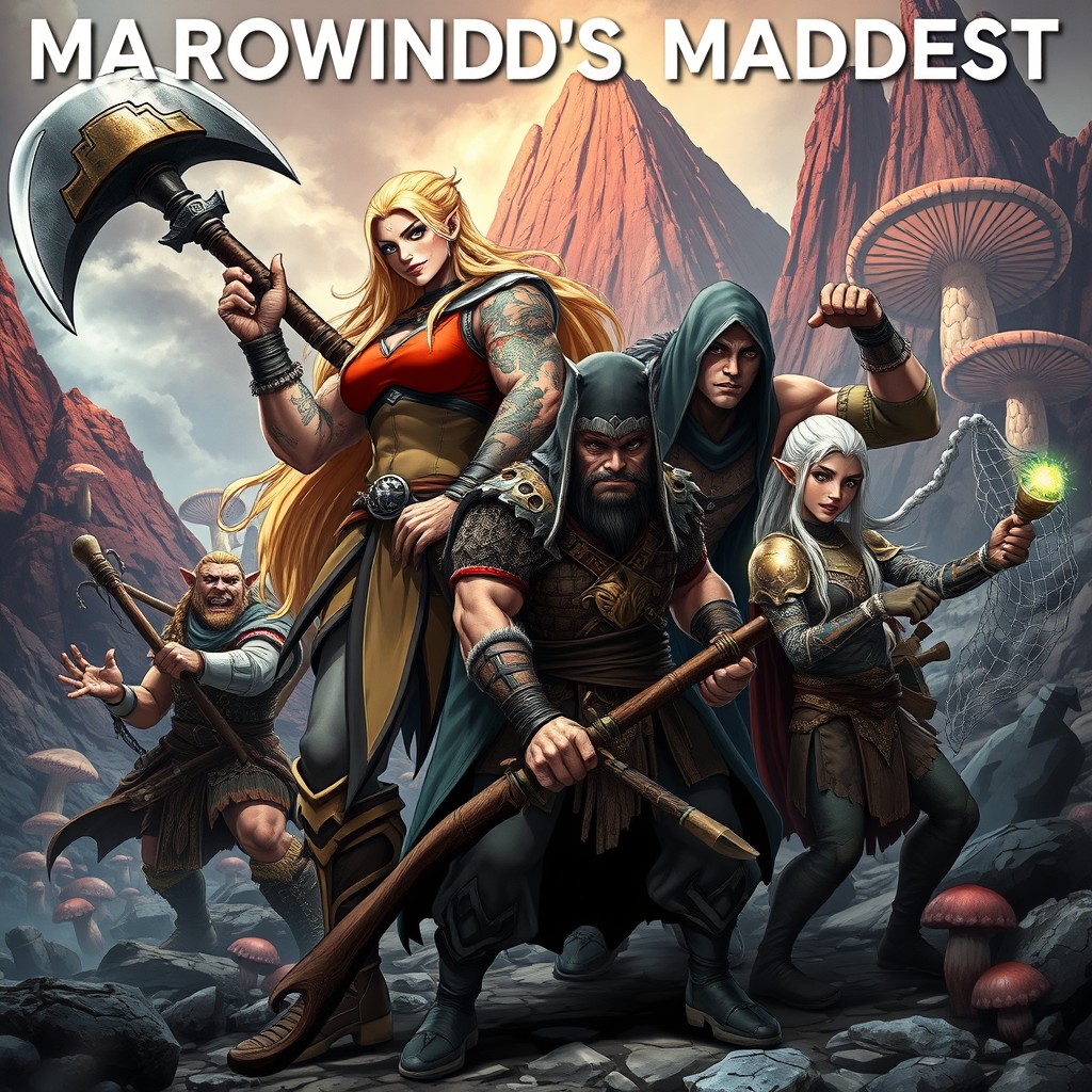 Anime fantasy poster titled "MORROWIND'S MADDEST" featuring a group of anti-heroes in dynamic and dramatic poses